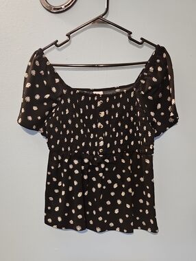 Black Daisy-Print Smocked Off-shoulder Top